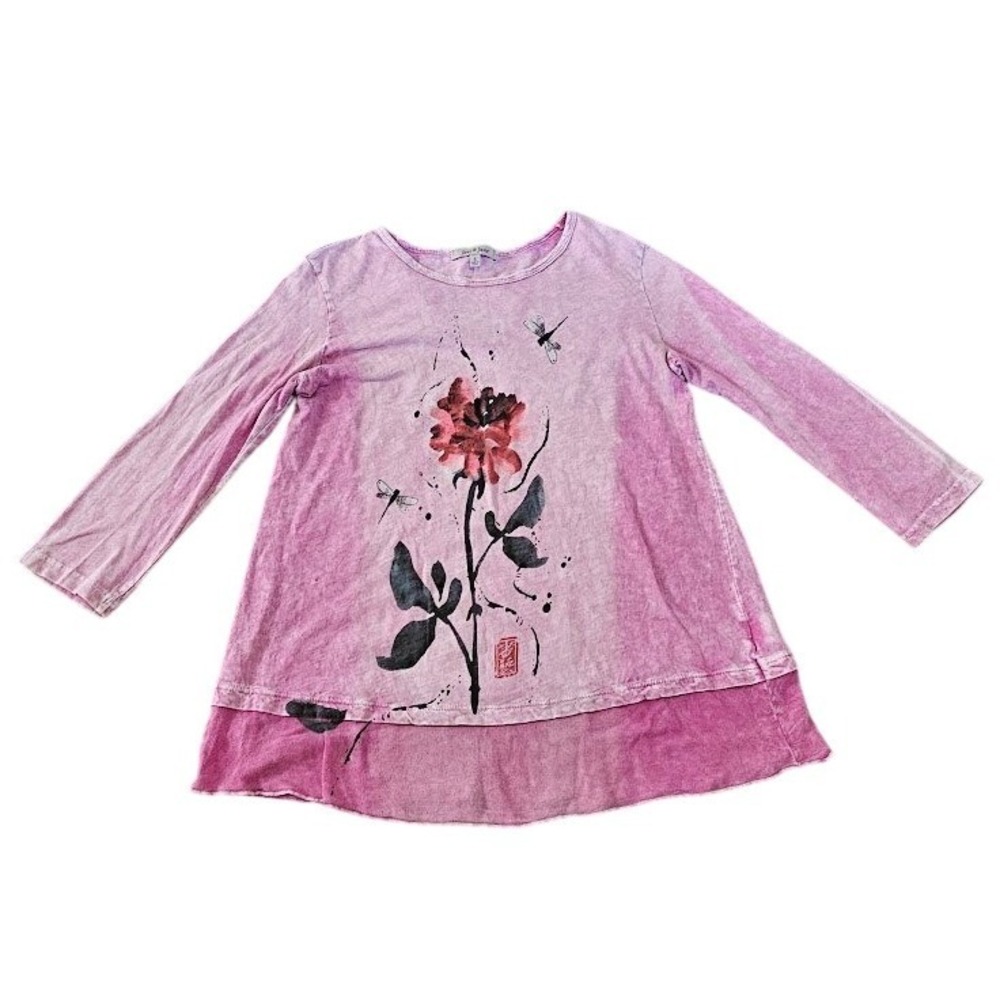Jess & Jane Women Pink Mineral Wash Floral Dragonfly Tunic Top Small Shirt